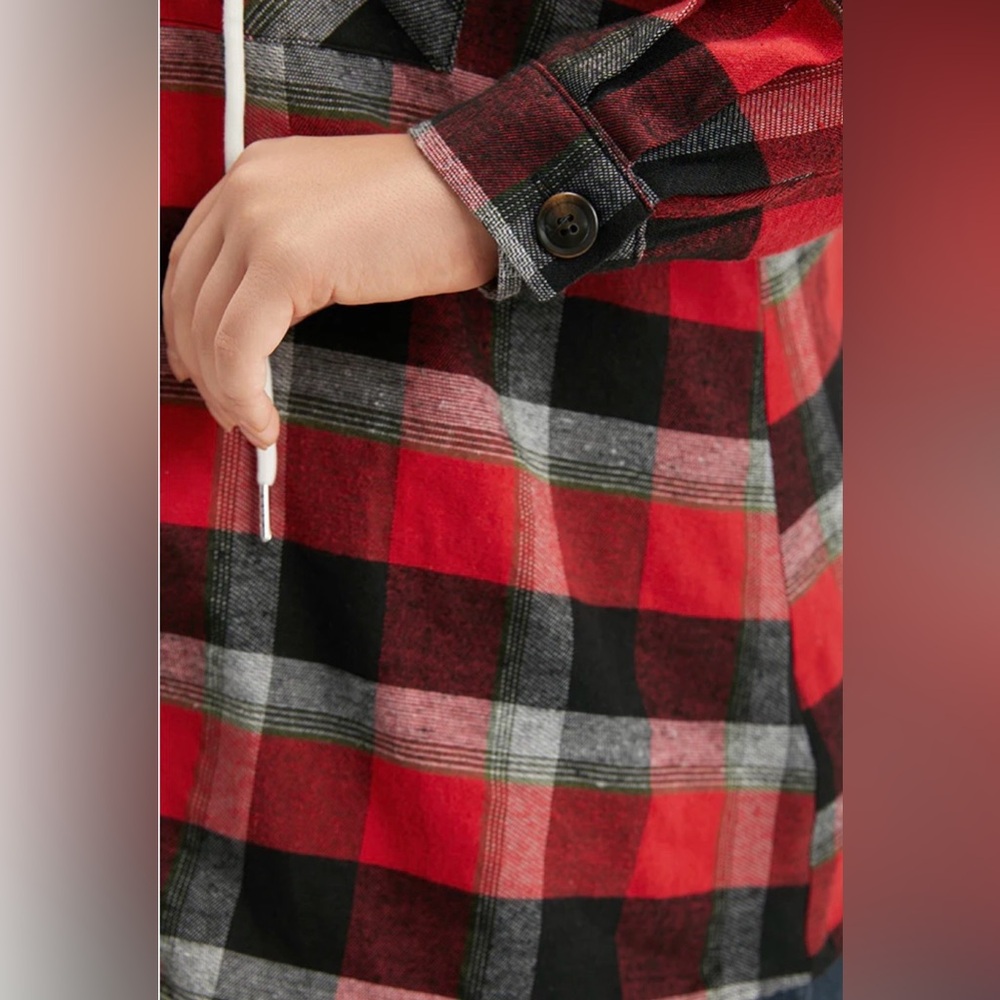 Bloomchic Plaid Patchwork Hooded Drawstring Butto… - image 3